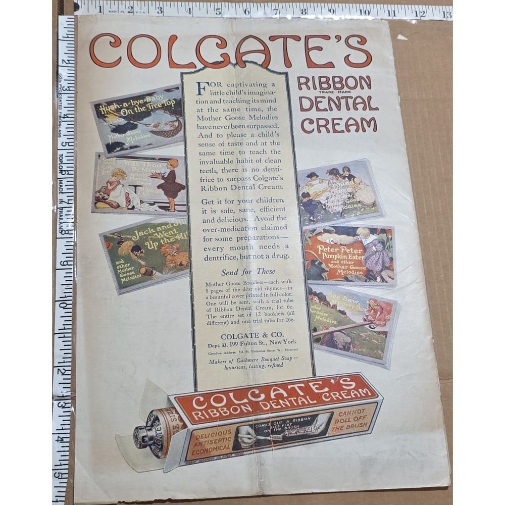 Vintage 1917 Colgate's Ribbon Dental Cream Print Ad Mother Goose Nursery Rhymes